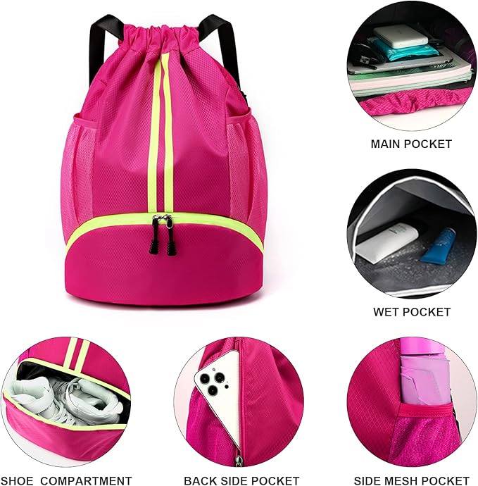 Drawstring Backpack Sports Gym Sackpack with Side Mesh Pockets Shoe Compartment Water Resistant String Bag for Women Men (Rose Red)