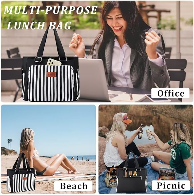 Large Women Lunch Bags for Work/Insulated Adult Lunch Box for Women/Leakproof Cooler Lunch Tote Bag with Storage Pocket. Reusable Lunch Cooler Purse for Work Picnic Hiking 14L, Black Stripes