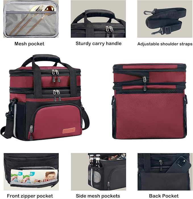 Lunch Box For Men/Women,Large Double-layer Insulated Expandable Reusable Leakproof Cooler Bags For Adults,Lunch Bag With Adjustable Shoulder Strap For Office Travel Picnic(Red)