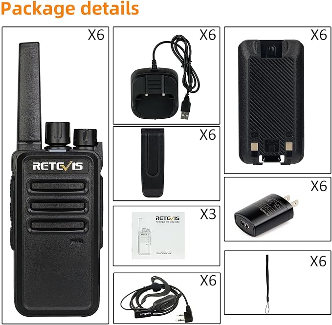 Retevis RT68 Two Way Radios with Earpiece, Heavy Duty Walkie Talkies for Adults, Compact 2 Way Radio Long Range Rechargeable with USB Charging Base, for Restaurant Church Security School (6 Pack)