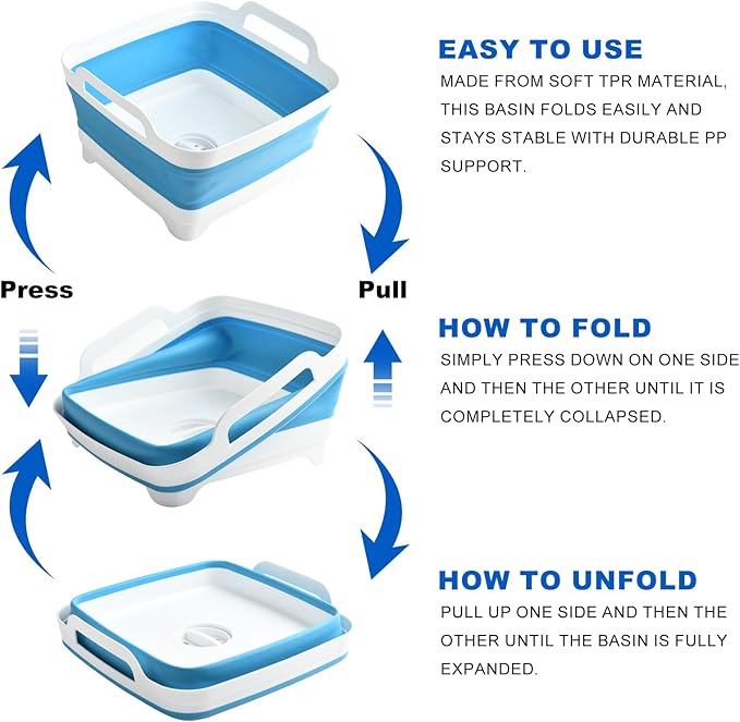 Collapsible Dish Basin Foldable Kitchen Sink With Drain Plug Plastic Laundry Tub 9L/2.4Gal RV & Camping Wash Basin Space-Saving Bottle Washing Sink(Blue)
