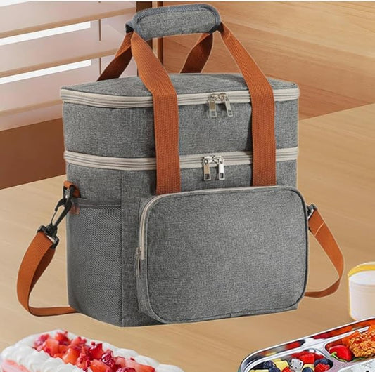 Double Layer Insulated Cooler Lunch Bag – Leakproof Thermal Food Storage Tote with Shoulder Strap – Large Capacity for Work, Travel, or Picnic – Available in Gray, Black & Navy Blue