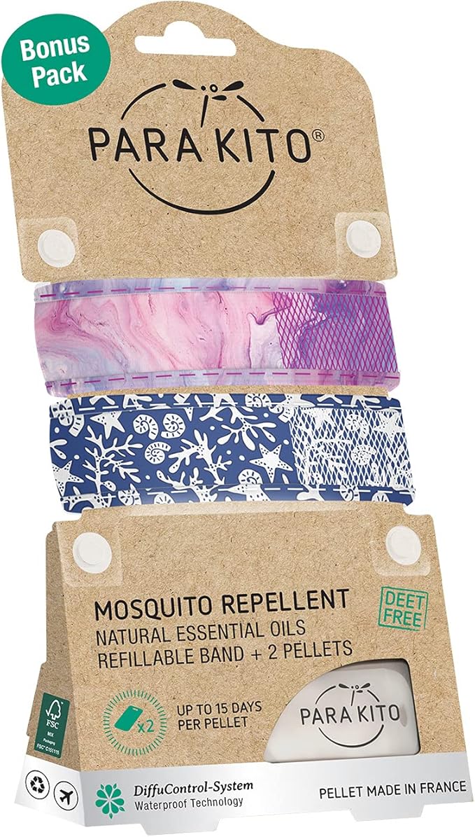PARA'KITO Mosquito Repellent Bracelets + Refill Pellets Bundle, Mosquito Bracelets, Peppermint Oil, DEET Free Mosquito Repeller, Hiking & Camping Accessories, 2 Wristbands & 2 Refills (Saturn + Reef)
