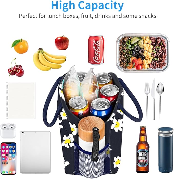 Lunch Bag Lunch Box for Women Men Reusable Insulated Cooler Lunch Tote Bags, Leakproof Cute LunchBag Large Capacity for Work Travel Picnic, Daisy