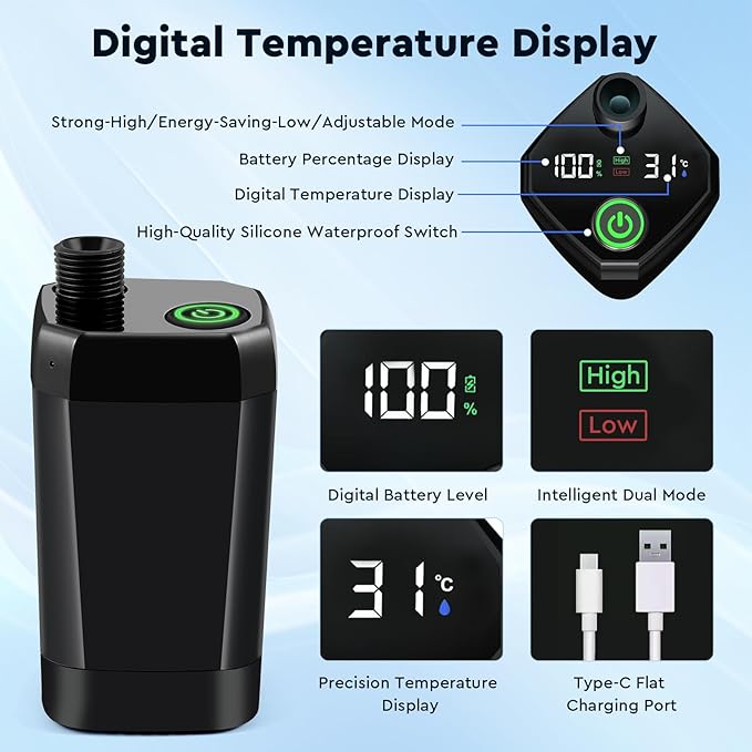 Portable Camping Shower, 6000mAh Rechargeable Outdoor Shower Pump with LED Display, 3 Spray Modes, IPX7 Waterproof Camping Shower Kit for Hiking, Travel, Car Washing, RV, Pet Bath