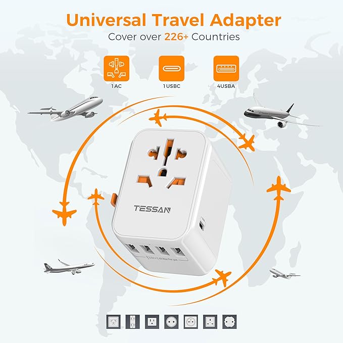 Universal Travel Plug Adapter 30W, TESSAN International Power Adaptor with 1 USB C and 4 USB A Ports, Travel Worldwide Outlet for US to European EU UK AUS (Type C/G/A/I)