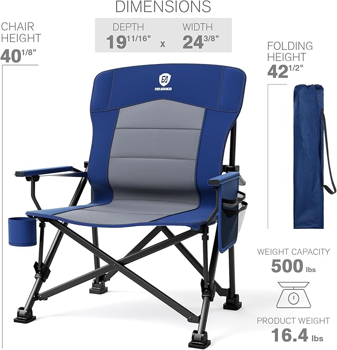 EVER ADVANCED Oversized Folding Camping Chair for Adults with Adjustable Lumbar Support, Heavy Duty Chair with Side Pockets, Portable Collapsible Quad Chair for Outside