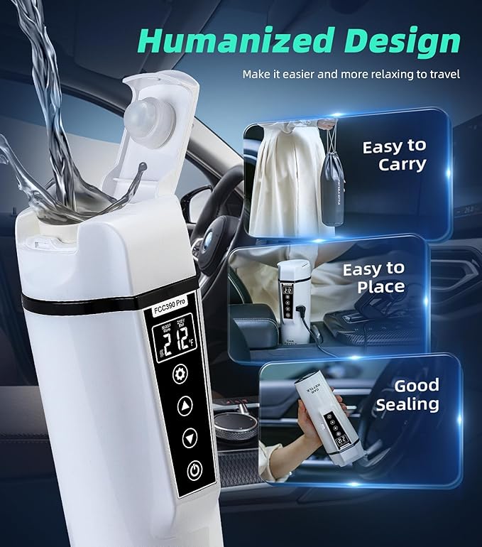 Portable Electric Car Kettle: 12V/24V Kettle Mini Water Boiler for Car Heated Travel Mug,Smart Precision Temperature Adjustment Coffee Tea Truck Cup with Handy Kettle Bag (White, 400ML)