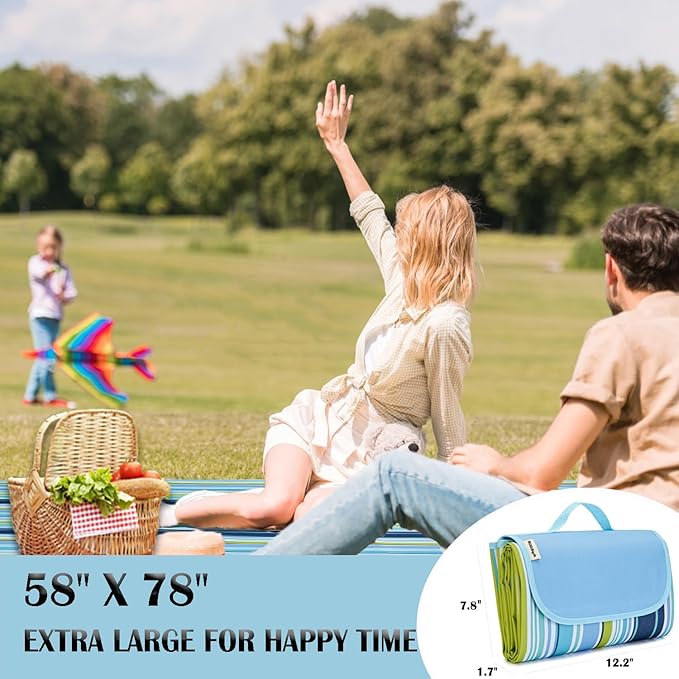 Picnic Blanket Waterproof Washable Foldable 58''x79'',Extra Large Picnic Mat, Dual Layers for Outdoor Water-Resistant Handy Mat, Beach, Intdoor,Camping on Grass - Blue Stripes