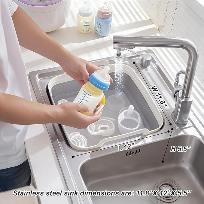 Collapsible Wash Basin with Drain Plug – 2.4 Gallon Portable Sink Tub for Baby Bottles, Dishwashing, RV & Camping | Space Saving Foldable Design | BPA-Free TPR/PP Material (Grey)