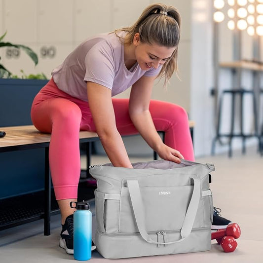 ETRONIK Gym Bag for Women, Travel Duffel Bag with USB Charging Port, Weekender Overnight Bag with Wet Pocket and Shoes Compartment for Women, Travel, Gym, Yoga (Grey)