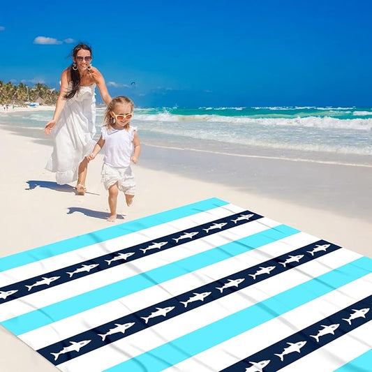 Waterproof Sandproof Beach Blanket, Blue Stripe Shark Beach Mat Oversized for 2-4 Person, Compact Sand Free Quick Dry Polyester Outdoor Picnic Blanket for Travel, Camping, Hiking