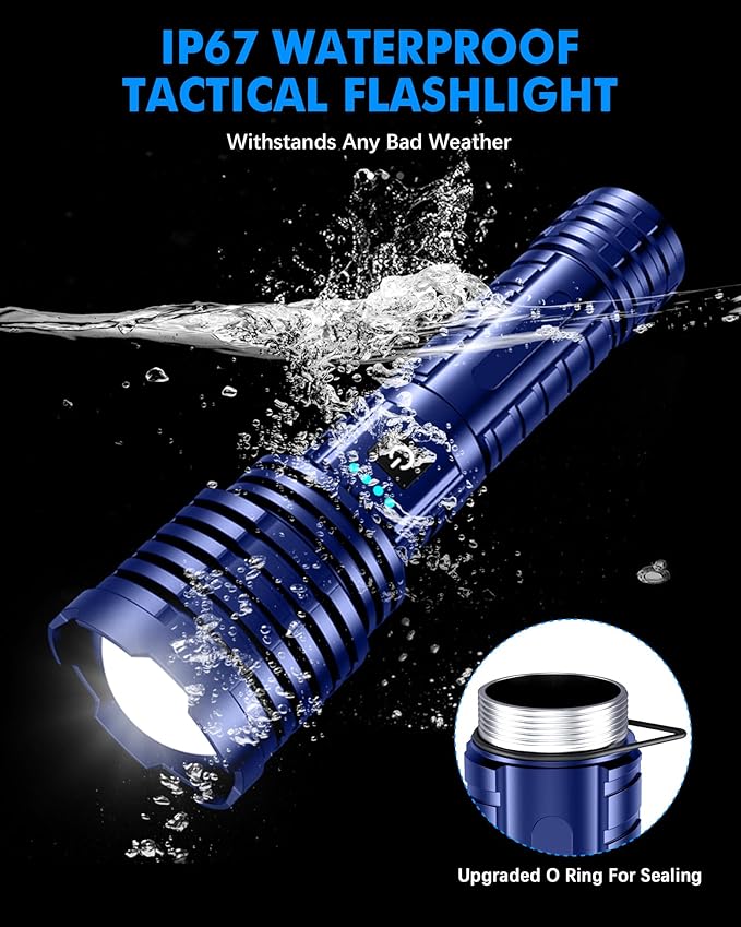 Super Bright Rechargeable LED Flashlights, 2500.000 True High Lumens, Powerful Tactical Flashlight Up to 25H Long Battery Life |Zoomable|5Light Modes|IP67 Water Resistant for Camping (Blue)