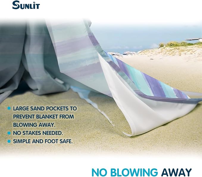 Sunlit Soft 106"x81" Sand Proof Beach Blanket Sand Free Beach Mat with Corner Pocket and Mesh Bag for Beach Party Travel Camping and Outdoor Music Festival, Watercolor Painting Lilac Blue