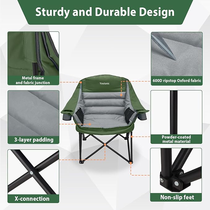Oversized Camping Chair, Portable Folding Camping Chairs with Side Pocket, Cup Holder and Carry Bag, Heavy Duty Outdoor Camping Chairs for Adults, Fishing, Sports, Trip, up to 400lbs, Style 7