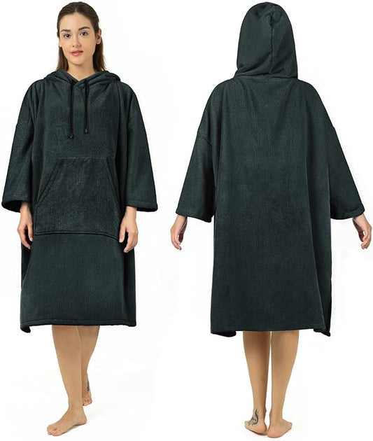 Surf Poncho Changing Robe, 3/4 Sleeve Extra Large Thick Hoodie Towel Poncho for Men Women Beach Swimming, 39"x33", Black