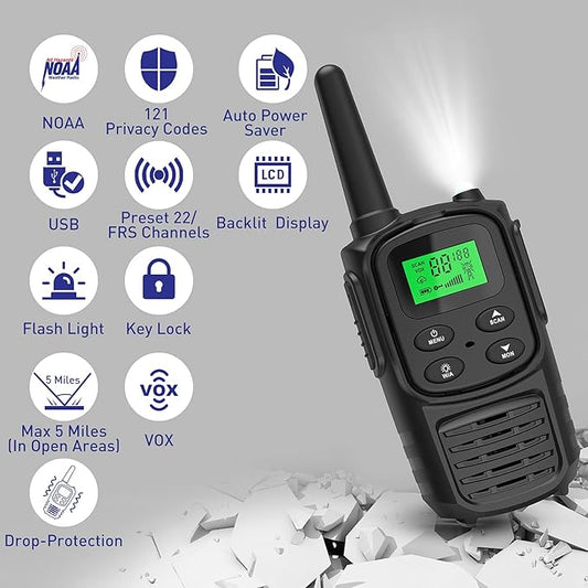 Rechargeable Walkie Talkies,Fvamom Walkies Talkies for Adults with 22 Channels,Long Range Walkie Talkies with NOAA Weather Channels,VOX LCD Display LED Flashlight for Hiking Camping Trip(Black)