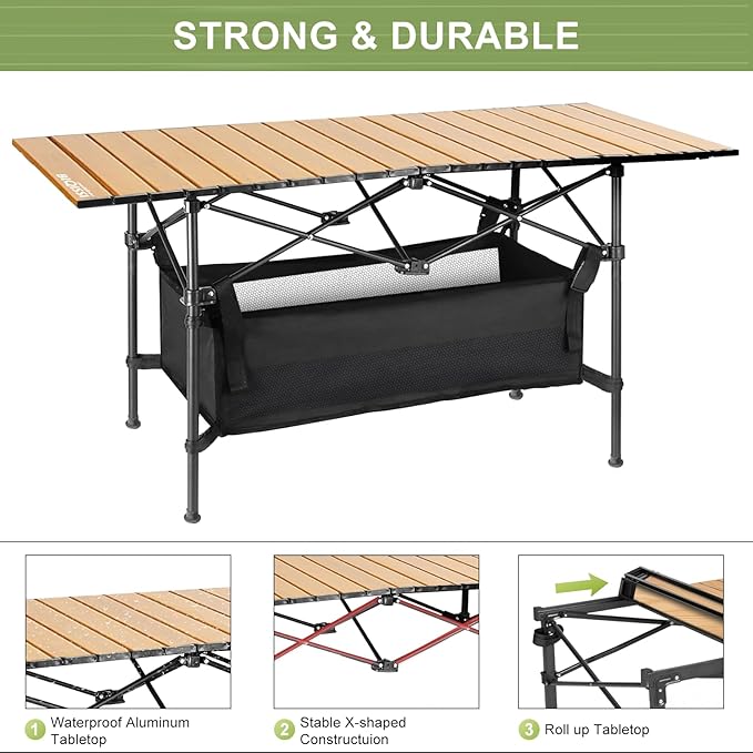 Folding Camping Tables that Fold Up Lightweight,Aluminum Roll Up Camping Table for 4-6 Person Camp Table with Large Storage and Carrying Bag for Outdoor, Picnic, Backyards, BBQ, Beach, 220 Lbs