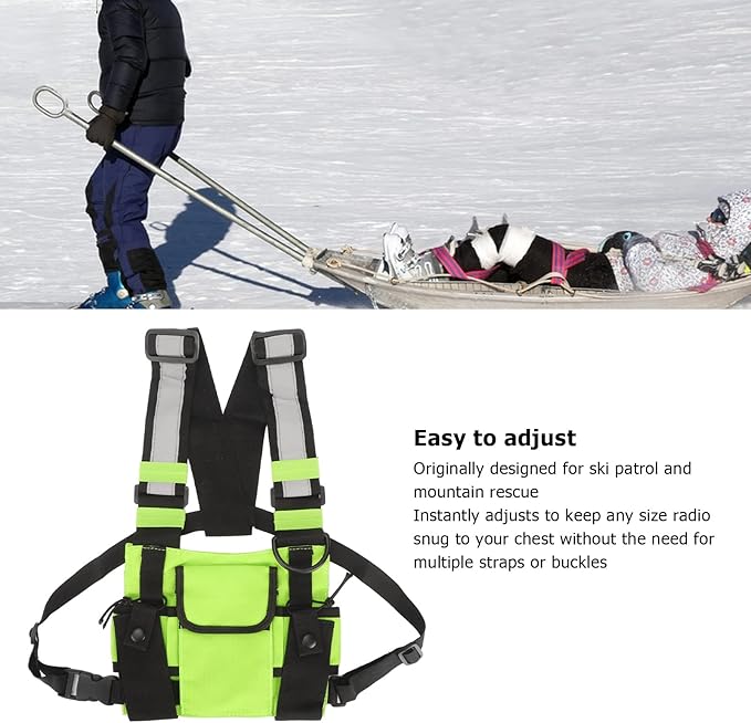 Universal Radio Chest Harness Rig Bag, Walkie Talkie Pocket Pack Holster Vest with Front Pouches & Adjustable Shoulder Straps for Two Way Radio (Bright Green)
