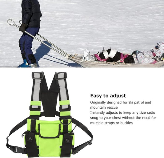 Universal Radio Chest Harness Rig Bag, Walkie Talkie Pocket Pack Holster Vest with Front Pouches & Adjustable Shoulder Straps for Two Way Radio (Bright Green)