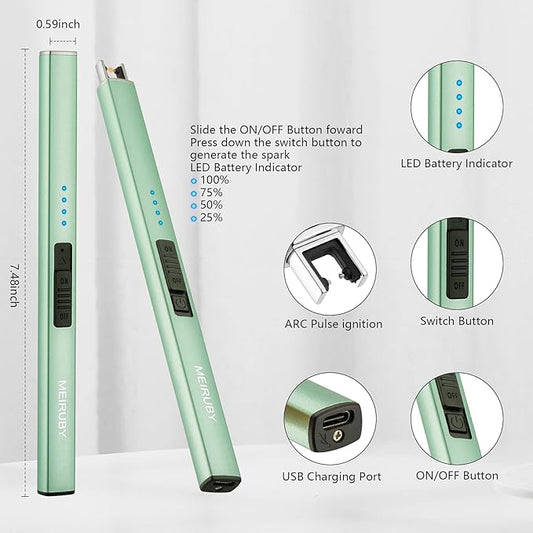 MEIRUBY Lighter Electric Candle Lighter Long Electronic Rechargeable USB Lighter Arc Windproof Flameless Lighters for Candle Camping BBQ Birthday Women's Day Gifts for Women Mom Wife Men, Green