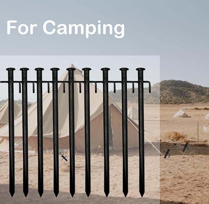 Cheardia 20 Pack Tent Stakes Heavy Duty, 10 Inch Outdoor Camping Pegs Stakes Black Metal Ground Stakes Spikes for Tent Tarp Canopy Unbreakable and Inflexible