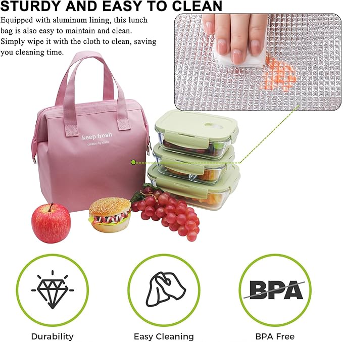 Mziart Insulated Lunch Bag Simple Bento Cooler Bag Lunch Tote Bag for Lunch Box for Women Men Adult Picnic Working Hiking Beach (Pink)