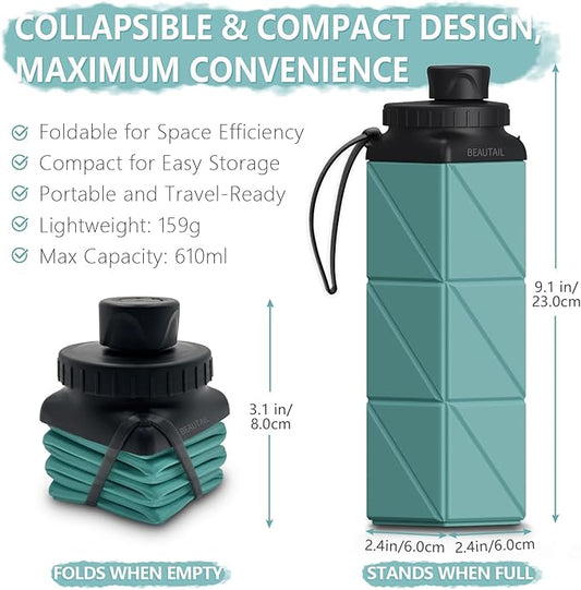 Collapsible Water Bottles 20.6oz, Silicone Foldable Portable Travel Water Bottle, Folding Lightweight Reusable Leakproof for Traveling Camping Hiking Cycling Yoga Sports Outdoor