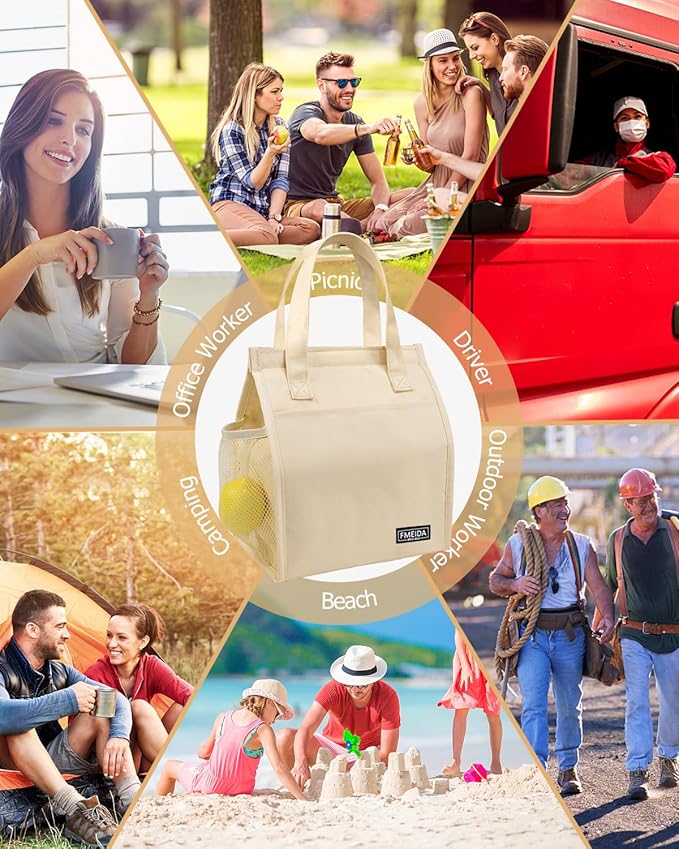 Fmeida Insulated Lunch Bag Women, Simple Lunch Tote Bags, Waterproof Thermal Cooler Lunch Bag, Reusable Adult Lunch Box Bag for Women | 9L Beige, Front&Side&Interior Pockets