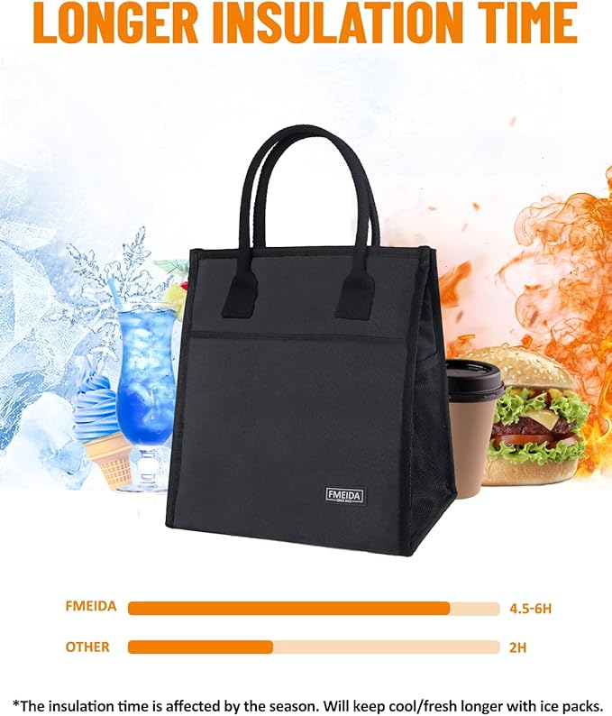 Fmeida Black Lunch Bag For Men Women Insulated Lunch Bags Waterproof Thermal Lunch Box Bag With Front Side Interior Pockets Reusable Lunch Kit