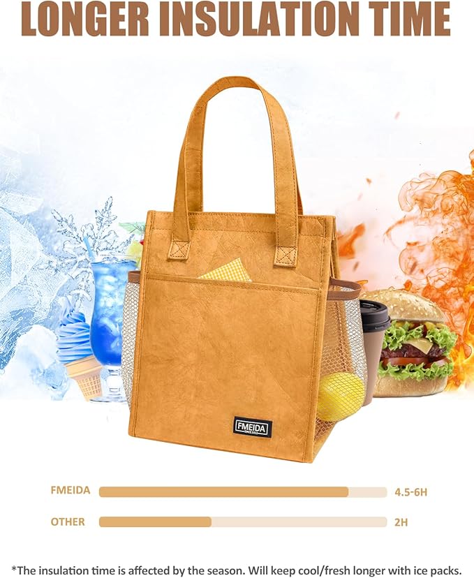 Fmeida Insulated Lunch Bag Women - Reusable Paper Lunch Bag Adult - Small Lunch Tote Bag Aesthetic - Portable with Front, Side, Interior Pockets - Great for Office College Beach Picnic Hiking