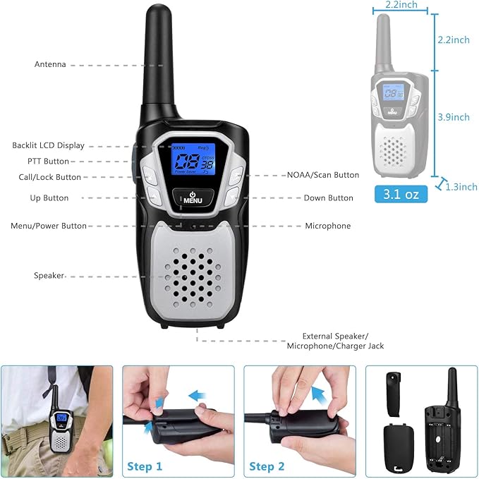 Walkie Talkies Rechargeable, 4 Pack Easy to Use Long Range Walky Talky for Adult Handheld Two Way Radio with NOAA for Hiking Camping (2Blue & 2Silver with Micro-USB Charger/Battery/Lanyard)