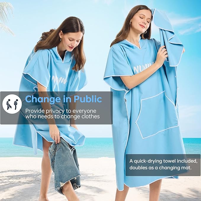 Microfiber Surf Poncho Changing Towel Robe with Changing Mat, Quick Dry Hooded Towel Poncho with Pocket for Beach, Pool, Swim, Wetsuit Changing (Light Blue)