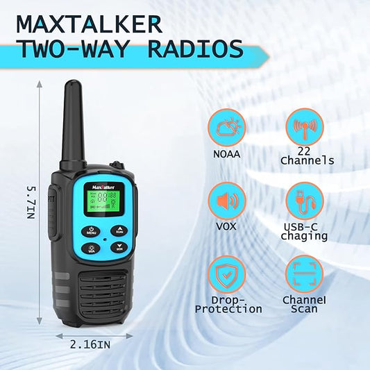 Walkie Talkies Long Range for Adult, MT10 Rechargeable Walkie Talkies FRS Two Way Radio, NOAA, 1200mAh Li-ion Battery USB-C Cable, LED Flashlight,VOX Walkie Talkie for Camping 2Pack (Blue)