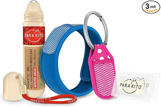 PARA'KITO Mosquito Repellent Bundle - 1 Roll-on | 1 Wristband | 1 Clip (Roll-on + Blue + Pink)