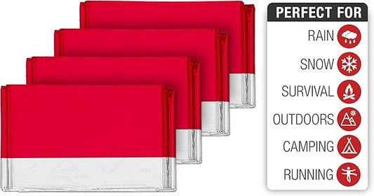 Swiss Safe Emergency Mylar Thermal Blankets + Bonus Space Blanket - Compact & Insulated for Cold Weather - Designed for NASA, Outdoor Camping, Survival, First Aid Car Kit - Red, 4 Pack