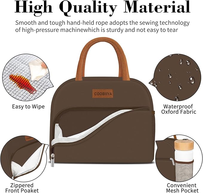 Coobiiya Lunch Bag Women, Lunch Box for Women Adult Men, Small Leakproof Cute Lunch Tote Large Capacity Reusable Insulated Cooler Lunch Container for Work/Office/Picnic/Travel-Brown