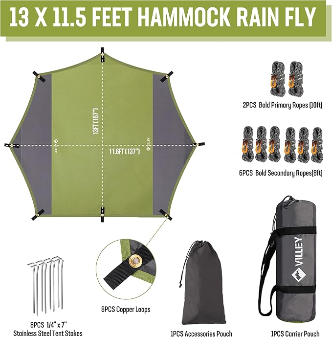 VILLEY Camping Tarps for Tents, Portable Waterproof Hammock Rain Fly, Easy Set Up Camping Shelter Sunshade Canopy for Outdoor Fishing, Backpacking, Hiking, Survival Gear- Heptagonal, Green