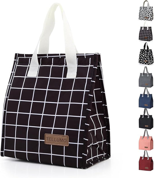 TELLUMO Lunch bag, Insulated Lunch Bag for Women Men Large Lunch Box Container Reusable Leakproof Tote for Office, Work, School, Beach or Travel (Black Grid)