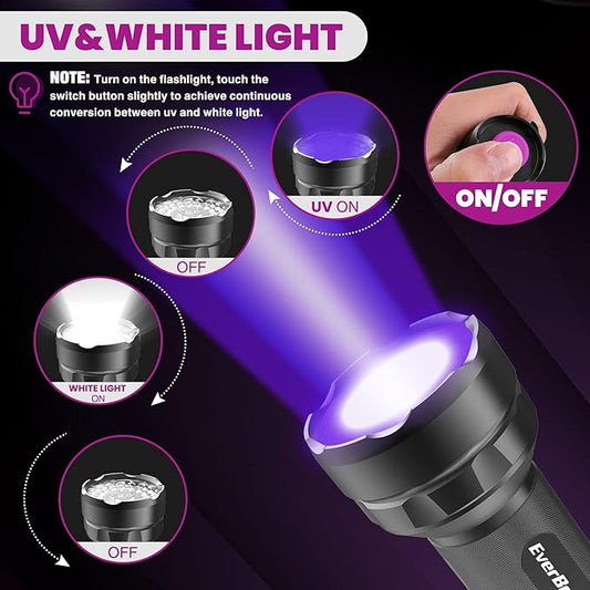 EverBrite LED Flashlight, Multifunctional Flashlight with UV and White Light, 395nm Black Light, 300 Lumens High Powered Flashlight for Camping, Emergencies, Pet Urine Stains, AA Batteries Included