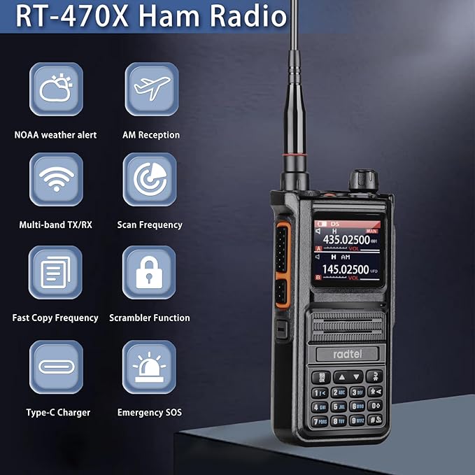 Radtel RT-470X Multi-Bands Ham Radio with NOAA Weather Receiver Handheld Long Range Walkie Talkies 256CH Air Band Two Way Radio Police Marine Transceiver Dual PTT USB-C (add mic,Cable,air Antenna)