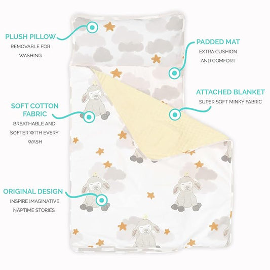 JumpOff Jo - Toddler Nap Mat - Sleeping Bag for Kids with Removable Pillow and Ultra Soft Blanket for Preschool, Daycare, and Sleepovers - Little Lamb