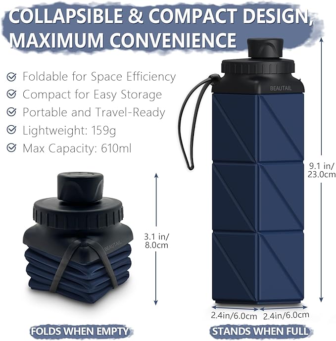 Collapsible Water Bottles 20.6oz, Silicone Foldable Portable Travel Water Bottle, Folding Lightweight Reusable Leakproof for Traveling Camping Hiking Cycling Yoga Sports Outdoor