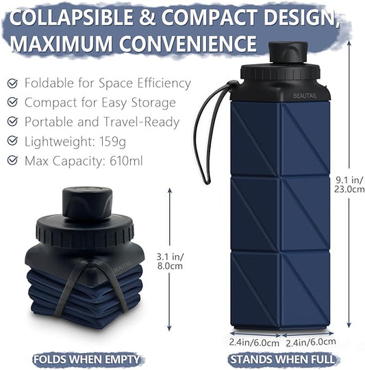 Collapsible Water Bottles 20.6oz, Silicone Foldable Portable Travel Water Bottle, Folding Lightweight Reusable Leakproof for Traveling Camping Hiking Cycling Yoga Sports Outdoor