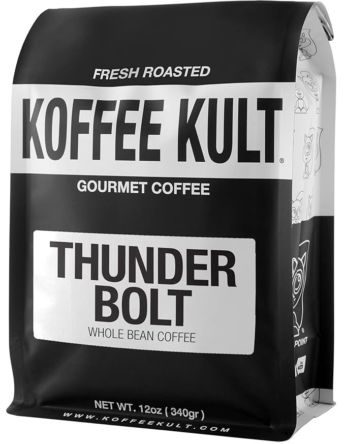 Koffee Kult Thunder Bolt - Whole Bean Coffee, Dark French Roast, 100% Arabica, Robust Blend, Bold Strong Artisan Flavor 12oz Resealable Package