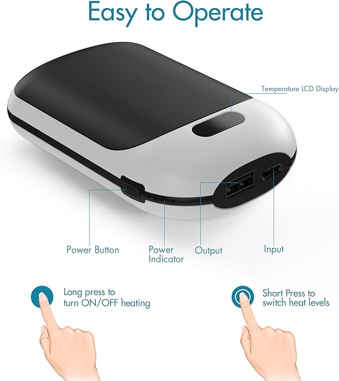 Portable Hand Warmers, 10000mAh Rechargeable Electric Hand Warmer and Power Bank, Pocket Size, Double-Sided Heating, 3 Heat Levels Up to 131℉, 12hrs Long Lasting, Winter Gift for Men Women