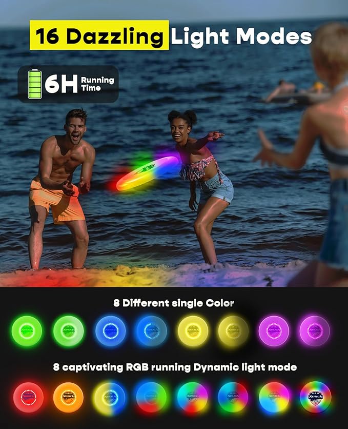 Flying Disc, Glow Frisbee with 30 RGB LEDs, 16 Light Modes and 4 Brightness, 6-Hour Playtime, Built-in Timer & Sensor, 175g - Christmas, Birthdays Gifts for Men/Boys/Teens/Kids