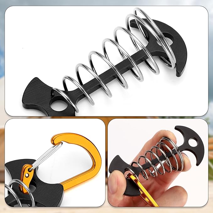 TOBWOLF 10PCS Black Fishbone Deck Anchor Pegs with Carabiners, Aluminium Deck Tie Down Tent Stakes, Windproof Tent Rope Tighteners with Spring Buckle, Outdoor Camping Hiking Cord Adjuster Tensioners