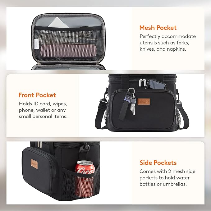 Lifewit Lunch Box for Men Women, Black, 12L/16Can, Insulated Soft Cooler Bag with Padded Shoulder Strap, Ideal for Work/Flight/Travel
