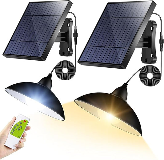 intelamp Solar Pendant Lights, 2 Pack Solar Shed Lights by Remote Control Solar Powered Indoor & Outdoor Lights Hanging Lights for Storage Room Home Yard Porch Balcony (2 Pack)